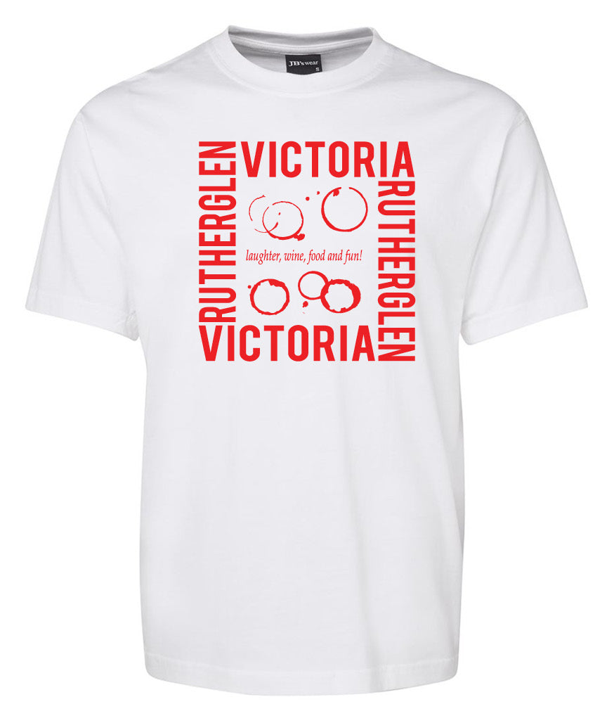 The Corsa Clothing Square Rutherglen Victoria Shirt is a white tee with bold red "RUTHERGLEN" and "VICTORIA" text on the edges, plus “laughter, wine, food and fun!” in the center with wine glass ring stains graphic.
