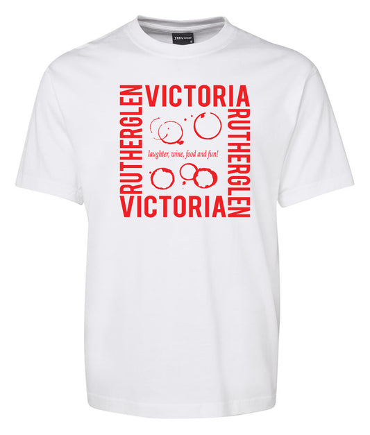 The Corsa Clothing Square Rutherglen Victoria Shirt is a white tee with bold red "RUTHERGLEN" and "VICTORIA" text on the edges, plus “laughter, wine, food and fun!” in the center with wine glass ring stains graphic.