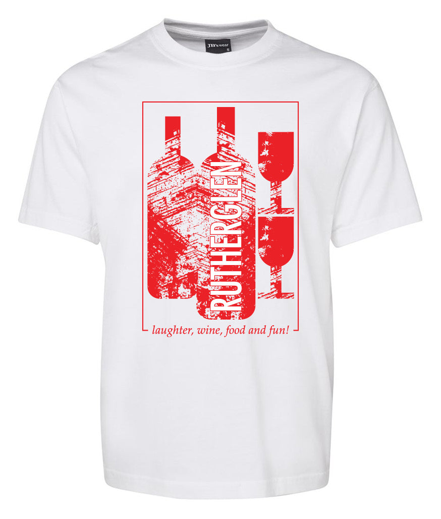 The Corsa Clothing Square Rutherglen Victoria Bottle Shirt is a white tee featuring red graphics of wine bottles, glasses, and a building, with "RUTHERGLEN" printed vertically and “laughter, wine, food and fun!” below.