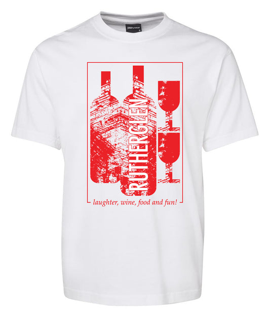The Corsa Clothing Square Rutherglen Victoria Bottle Shirt is a white tee featuring red graphics of wine bottles, glasses, and a building, with "RUTHERGLEN" printed vertically and “laughter, wine, food and fun!” below.