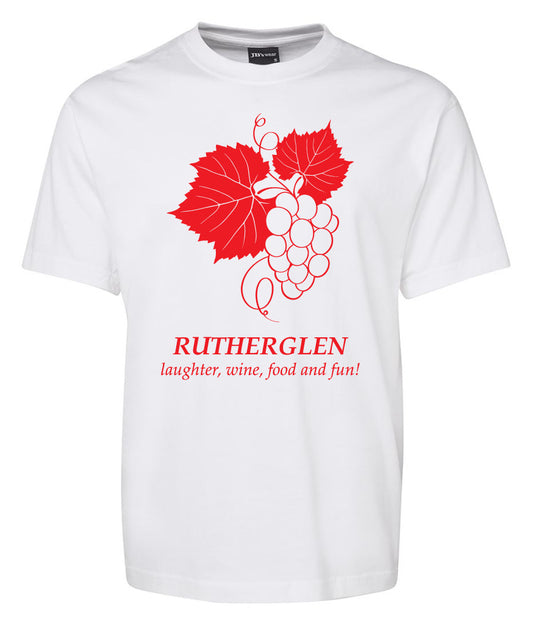 The Corsa Clothing Rutherglen Grapes Shirt is a white tee with a bold red grape leaves and bunch graphic, and “RUTHERGLEN laughter, wine, food and fun!” printed in red underneath.