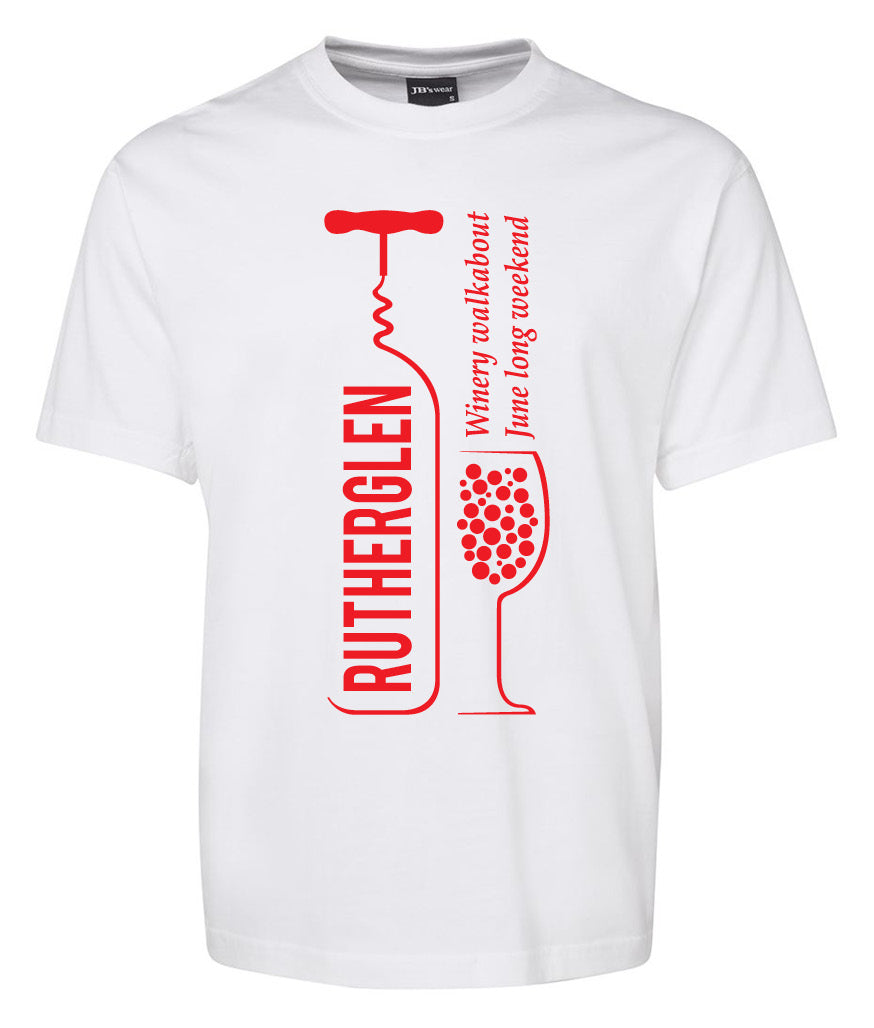 The Rutherglen Opner Shirt by Corsa Clothing is a white tee featuring a red wine bottle and glass graphic. "RUTHERGLEN" appears in the bottle, with "Winery walkabout June long weekend" beside the glass.