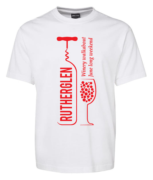 The Rutherglen Opner Shirt by Corsa Clothing is a white tee featuring a red wine bottle and glass graphic. "RUTHERGLEN" appears in the bottle, with "Winery walkabout June long weekend" beside the glass.