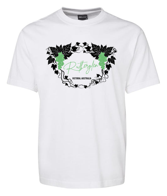 The Rutherglen Dual Grapes Shirt by Corsa Clothing is a white tee with a black vine and leaf design, light green grape clusters, "Rutherglen" in script, and "Victoria, Australia" printed below.