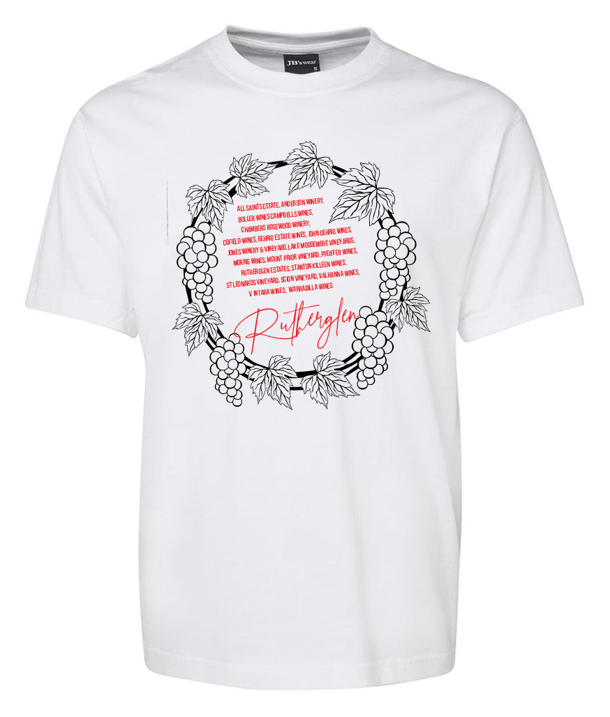 The Rutherglen Wine Review Shirt by Corsa Clothing is a white tee with a grapevine wreath outlined in black and red and black text inside, featuring "Rutherglen" in bold red script at the bottom.