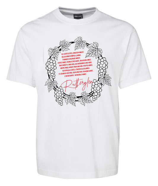 The Rutherglen Wine Review Shirt by Corsa Clothing is a white tee with a grapevine wreath outlined in black and red and black text inside, featuring "Rutherglen" in bold red script at the bottom.