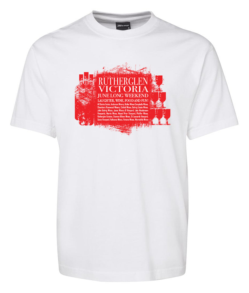 The Classic Rutherglen Victoria Shirt by Corsa Clothing is a white tee with a bold red graphic featuring wine glasses and text for the June Long Weekend, celebrating laughter, wine, food, and fun.