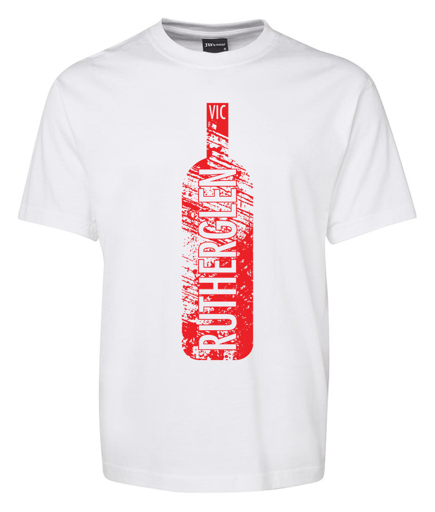 The Corsa Clothing Rutherglen Bottle Shirt is a white tee with a bold red wine bottle graphic, "RUTHERGLEN" printed vertically inside, and "VIC" above the neck.