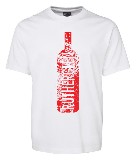 The Corsa Clothing Rutherglen Bottle Shirt is a white tee with a bold red wine bottle graphic, "RUTHERGLEN" printed vertically inside, and "VIC" above the neck.
