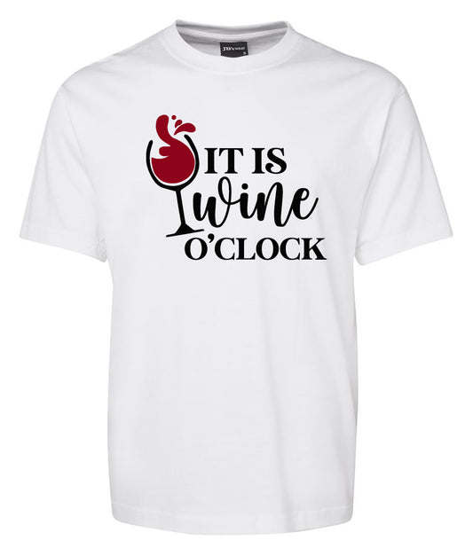 The "It is Wine O'clock Shirt" by Corsa Clothing is a white tee featuring “It is wine o’clock” in black, with “wine” styled so that a red wine glass forms the "w" and wine splashes accent the design.