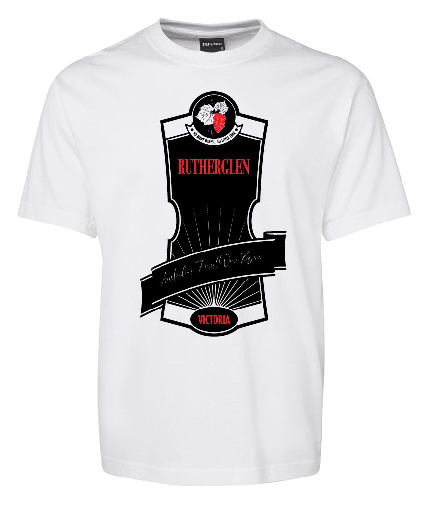 The Rutherglen Label Shirt by Corsa Clothing is a white tee with a black and red graphic, "Rutherglen, Victoria, Australias Top Fortified Wine Region," and a grape motif on the front.