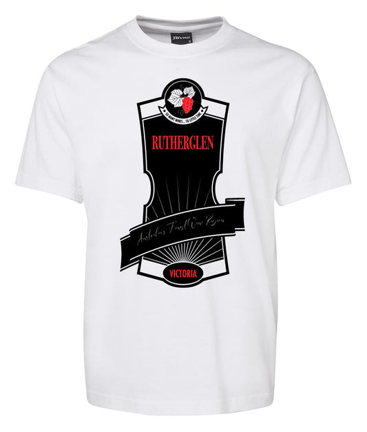 The Rutherglen Label Shirt by Corsa Clothing is a white tee with a black and red graphic, "Rutherglen, Victoria, Australias Top Fortified Wine Region," and a grape motif on the front.
