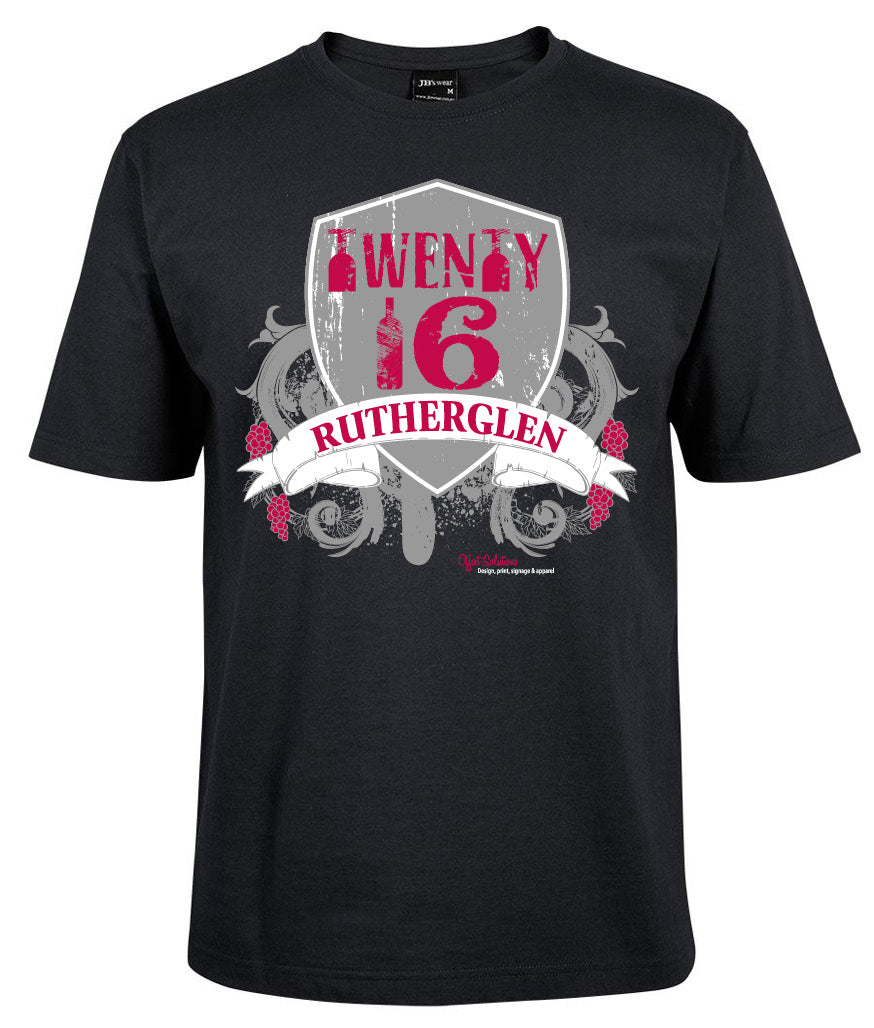 The Corsa Clothing Twenty 16 Rutherglen Shirt is a black tee with a shield graphic, pink and gray "TWENTY 16" text, and a white banner featuring "RUTHERGLEN" in red, plus decorative background elements.