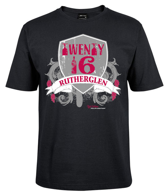 The Corsa Clothing Twenty 16 Rutherglen Shirt is a black tee with a shield graphic, pink and gray "TWENTY 16" text, and a white banner featuring "RUTHERGLEN" in red, plus decorative background elements.