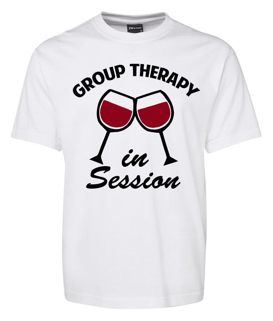 The Corsa Clothing Group Therapy in Serrion Shirt features "GROUP THERAPY in Session" text and two wine glasses with red wine clinking together.