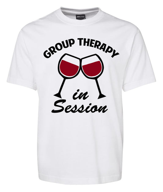 The Corsa Clothing Group Therapy in Serrion Shirt features "GROUP THERAPY in Session" text and two wine glasses with red wine clinking together.