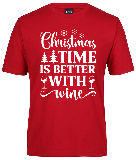 The Corsa Clothing "Christmas time is better with Wine Shirt" is a red tee featuring white text, snowflakes, Christmas trees, and wine glass designs.