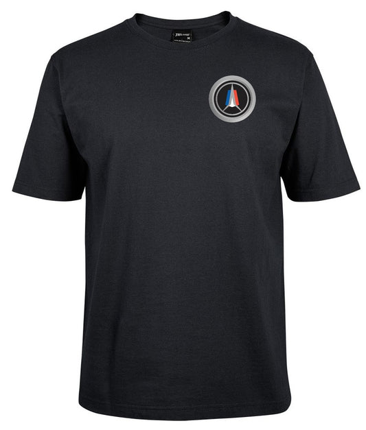 The Corsa Clothing Valiant Round Chrome is a black crew neck short-sleeve t-shirt with a circular chrome logo in blue, red, and white on the left chest and a plain background.