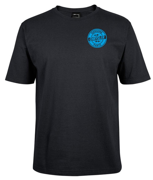 Black short-sleeve T-shirt by Corsa Clothing featuring a blue circular Genuine Chrysler Parts logo on the pocket and a classic crew neckline with a simple, plain design.