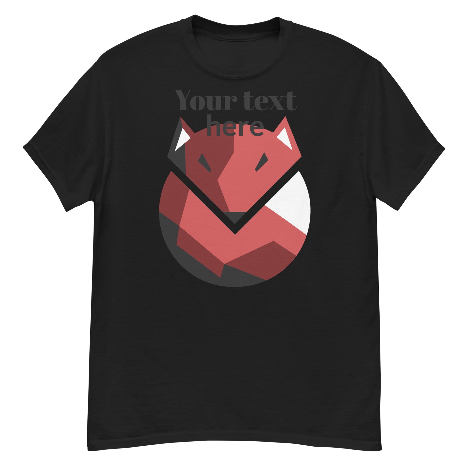 Corsa Clothing’s test pro black men's tee features a geometric red fox face and “Your text here” above it in dark, transparent letters. Made from 100% cotton, this standout streetwear piece blends style and comfort.