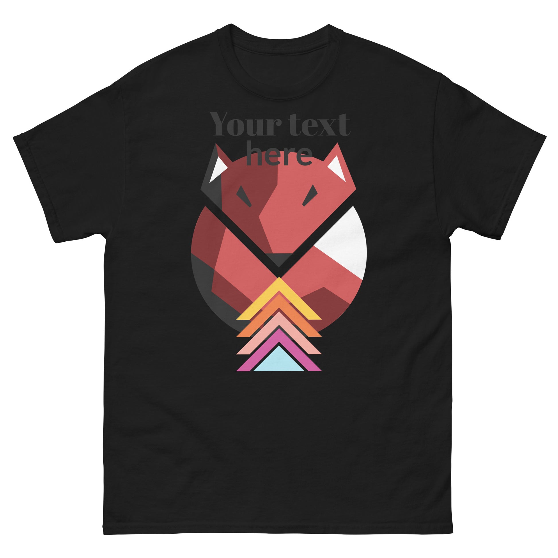 The Corsa Clothing men's classic tee features a geometric fox face in red, white, and pink with triangular accents and customizable text above in gray. Made from 100% cotton for stylish streetwear comfort.