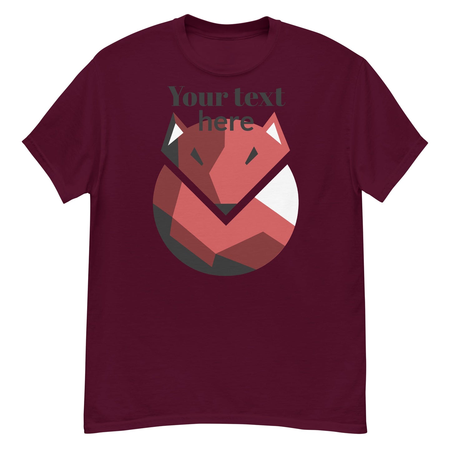 The Corsa Clothing test pro is a men’s maroon cotton tee with a geometric red, white, and black fox graphic and “Your text here” above—ideal for streetwear style.