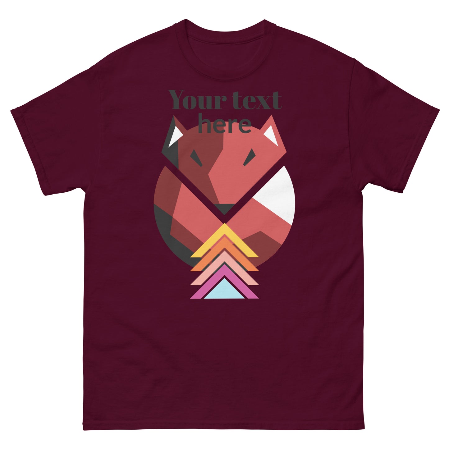 Corsa Clothing Men's classic tee in maroon with a red, pink, orange, and white geometric fox design. "Your text here" appears above the fox in bold. Made from 100% cotton for comfortable streetwear style.