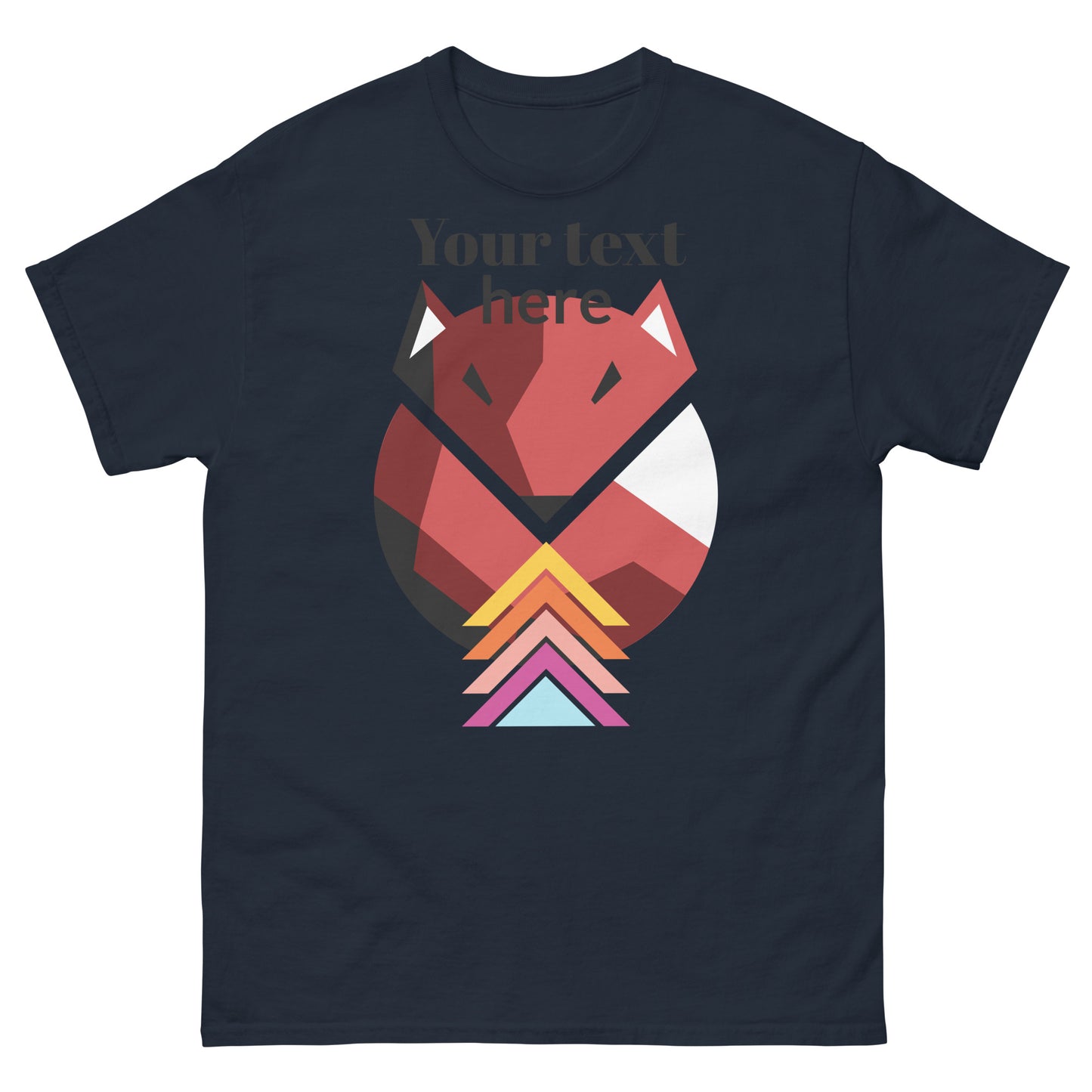 Corsa Clothing's men's classic tee in navy blue features a bold geometric fox face in red, orange, pink, and white shapes, plus customizable "Your text here" above the design. Streetwear style; made from 100% cotton.