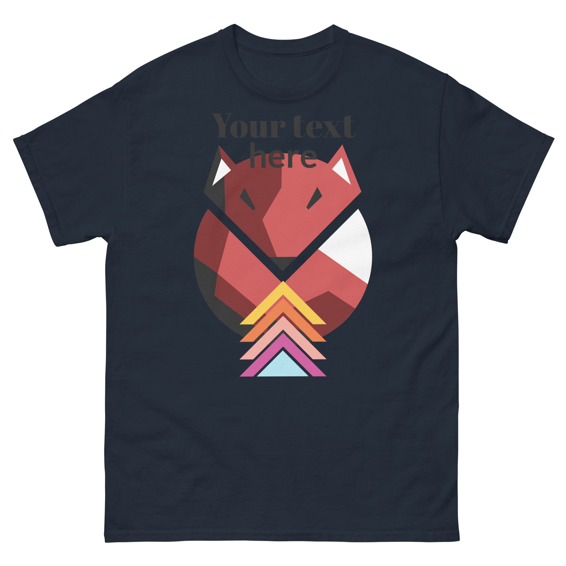 Corsa Clothing's men's classic tee in navy blue features a bold geometric fox face in red, orange, pink, and white shapes, plus customizable "Your text here" above the design. Streetwear style; made from 100% cotton.