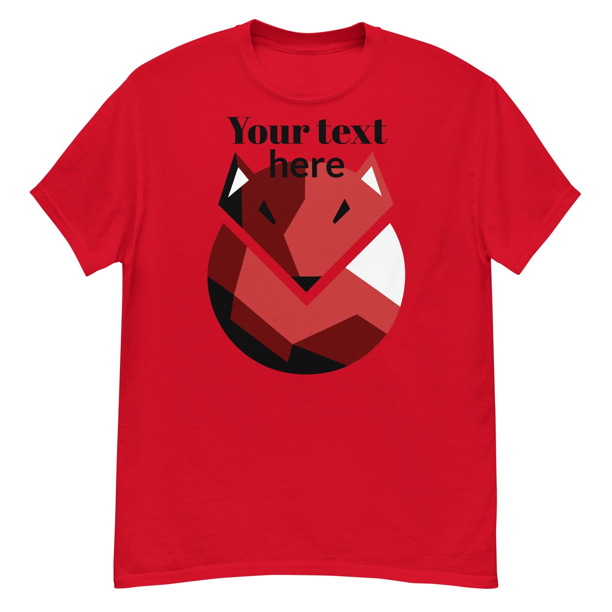 The Corsa Clothing test pro is a red 100% cotton streetwear T-shirt with a minimalist geometric fox illustration centered on the front and a customizable black "Your text here" phrase above the fox’s head.