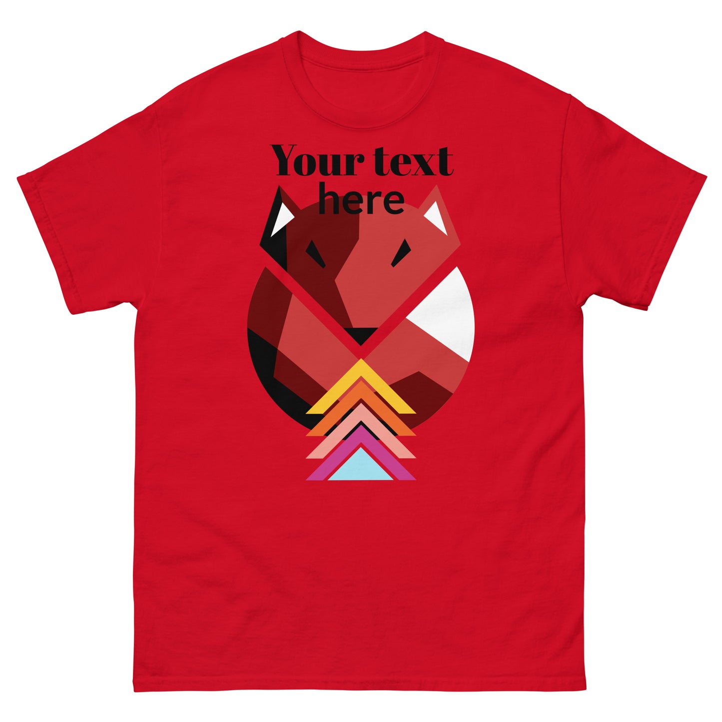 The Corsa Clothing Men’s classic tee in 100% cotton features a red, black, and orange geometric fox with layered triangles and "Your text here" above—ideal for streetwear fans.