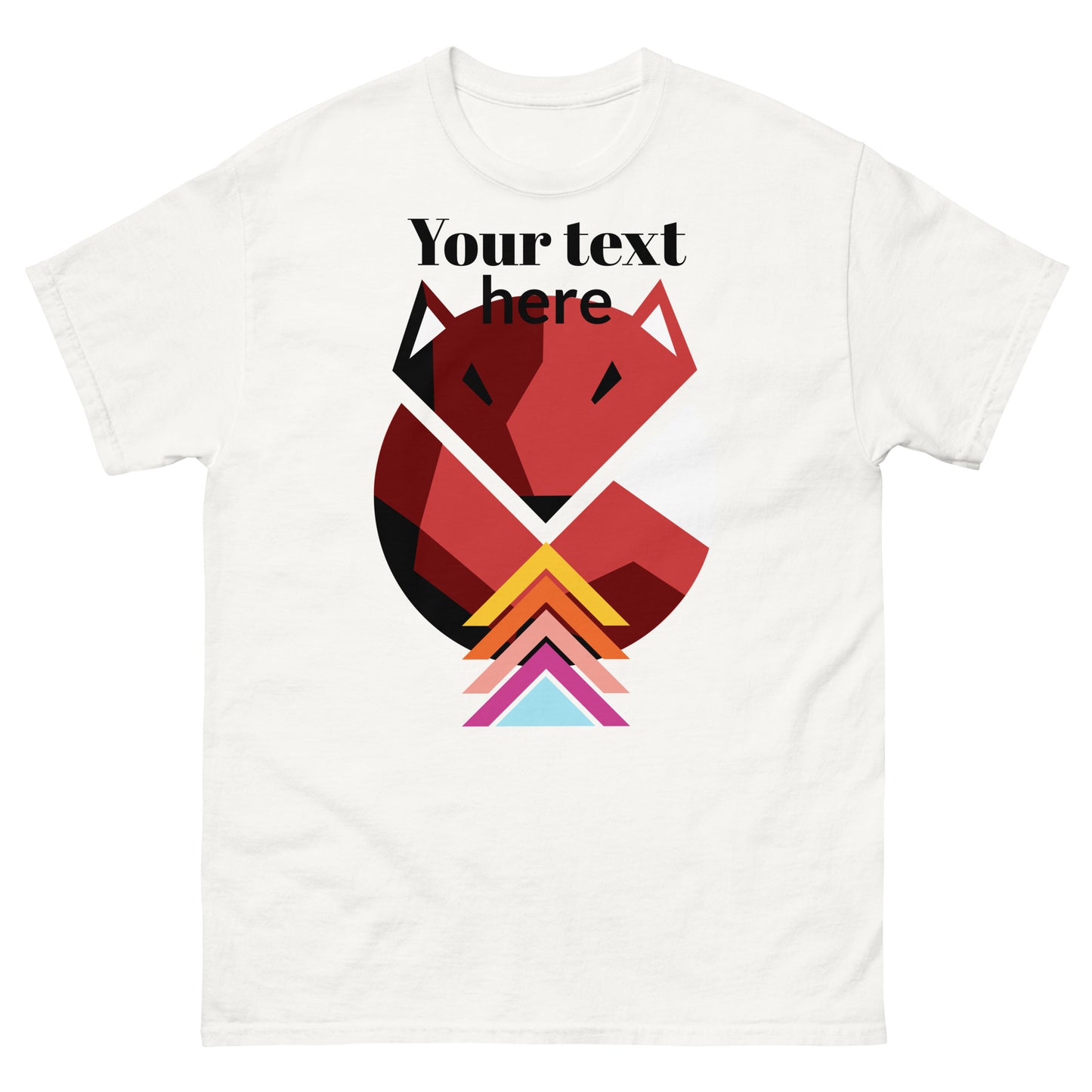 The Corsa Clothing men's classic tee in white features a geometric red fox design with colorful triangles and customizable "Your text here" above, made from 100% cotton for streetwear style.