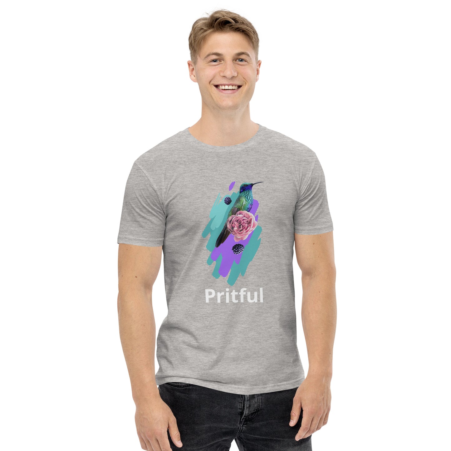 Smiling young man wears a grey Men's staple tee from Corsa Clothing, featuring a vibrant abstract bird and flower print with "Pritful"—ideal for Australia and New Zealand style.
