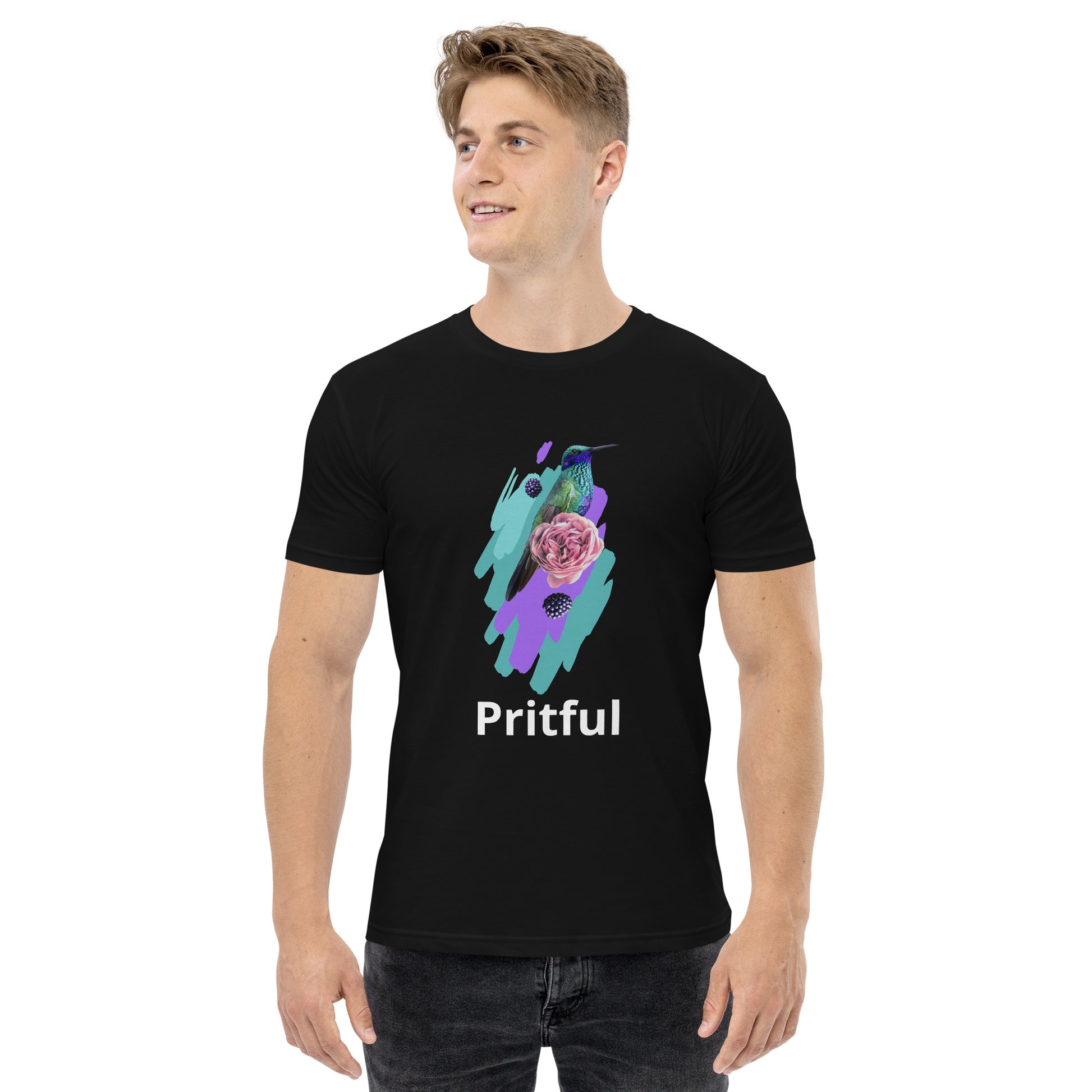 A man wears a Corsa Clothing Men's staple tee, crafted from soft cotton and featuring a colorful hummingbird, rose, artistic brushstrokes, and "Pritful" below—ideal for Australia and New Zealand style lovers.