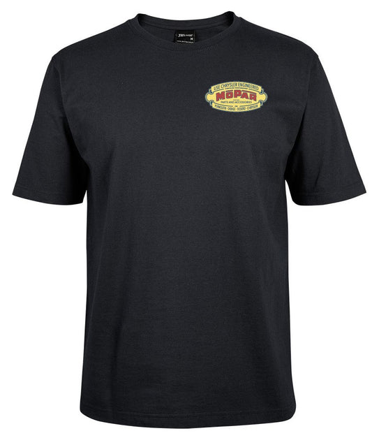 The Corsa Clothing Chrysler Engineered - MOPAR pocket T-shirt is black with a small Mopar oval logo—featuring Chrysler, Plymouth, Dodge, and Mopar text—in yellow, red, and white on the left chest.